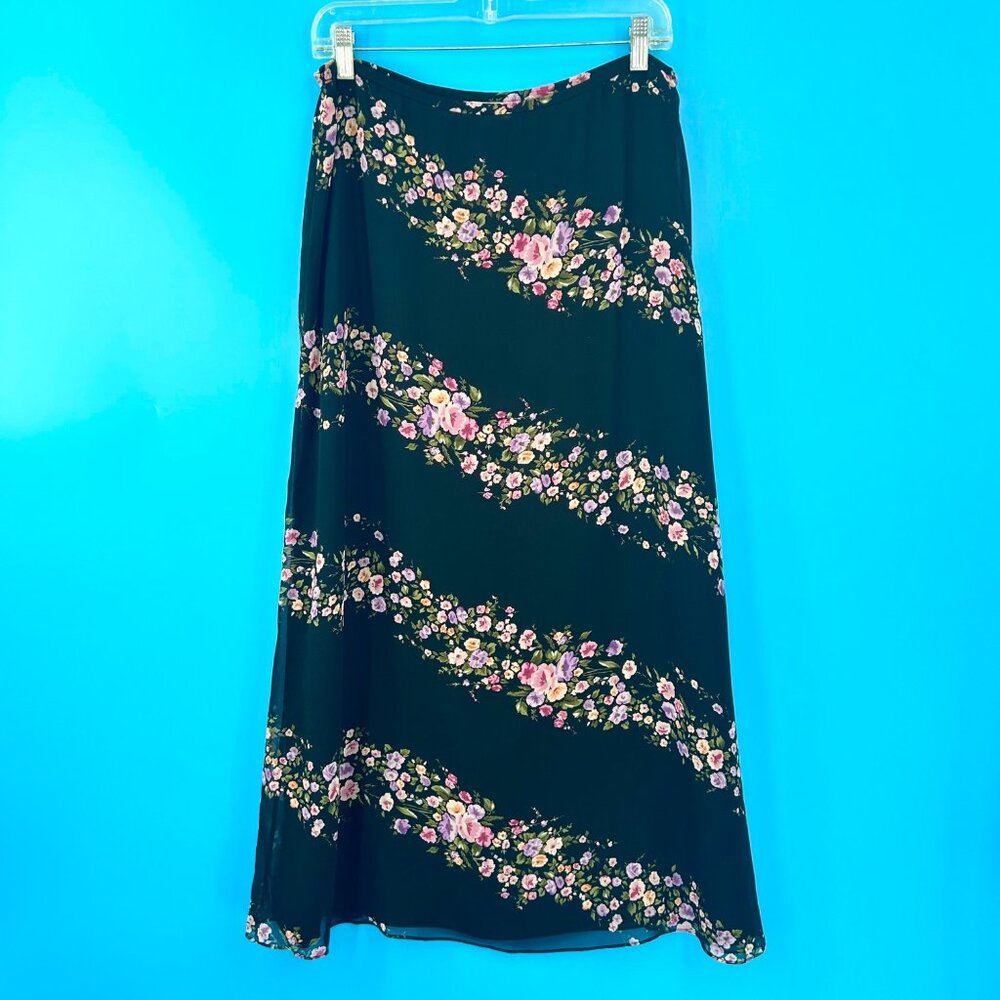 JONES NEW YORK SPORT BLACK FLORAL SHEER OVERLAY SILK MAXI SKIRT - 12